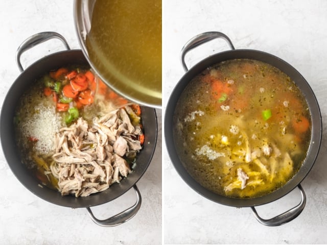 Collage of two images showing vegetables, rice and chicken with the chicken broth getting poured over