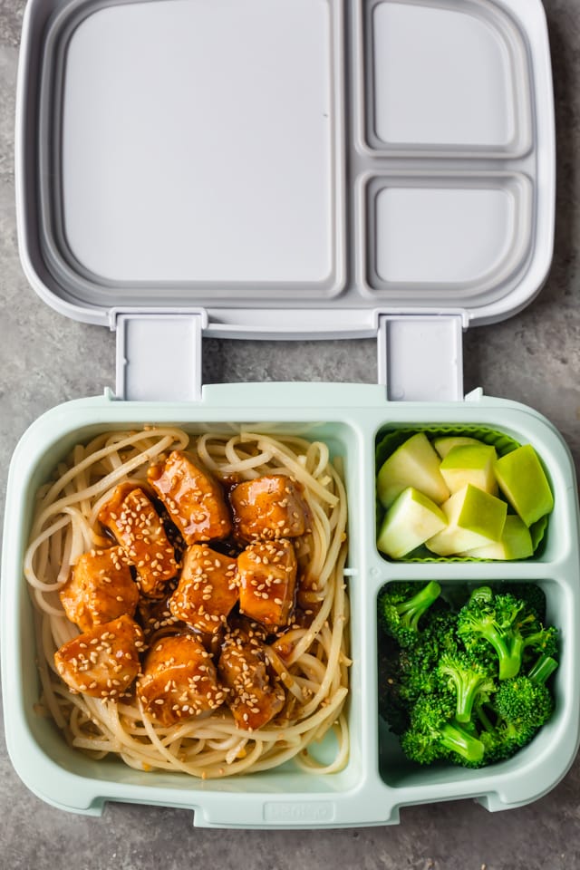 Teriyaki Chicken Meal Prep with rice noodles, broccoli and apples