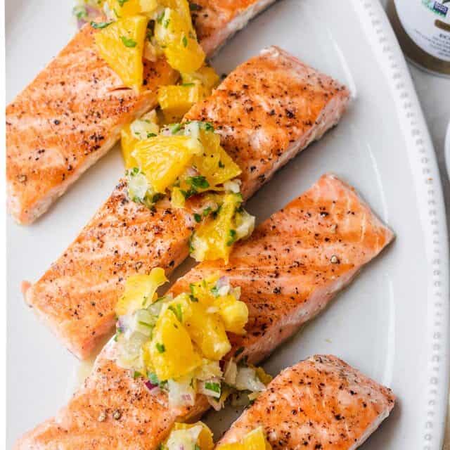Grilled salmon plated with the citrus salsa