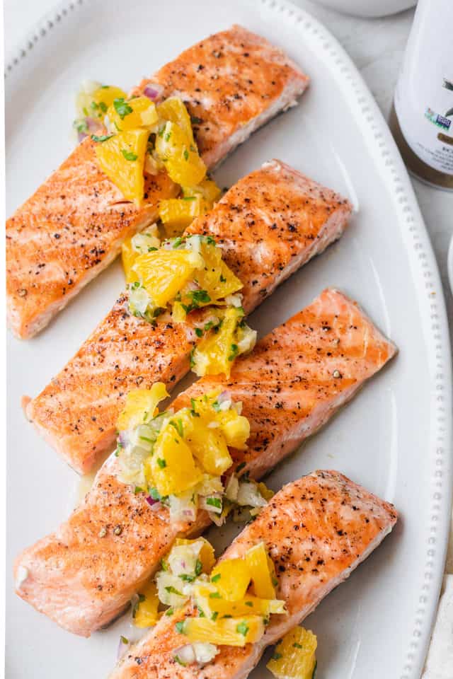 Grilled salmon plated with the citrus salsa