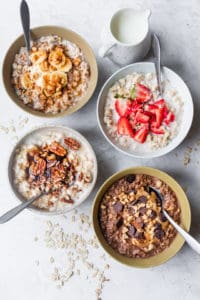 4 bowls of oatmeal, showing the variety of toppings