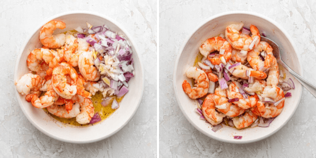 Process shots to show the shrimp with onions and dressing before and after mixing