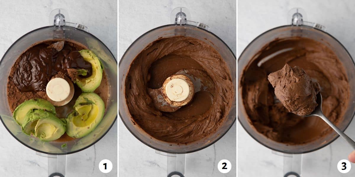 3 image collage showing how to make recipe in a food processor: 1- add ingredients, 2- blend until smooth, 3- spoon with some on it to show thick creamy texture.