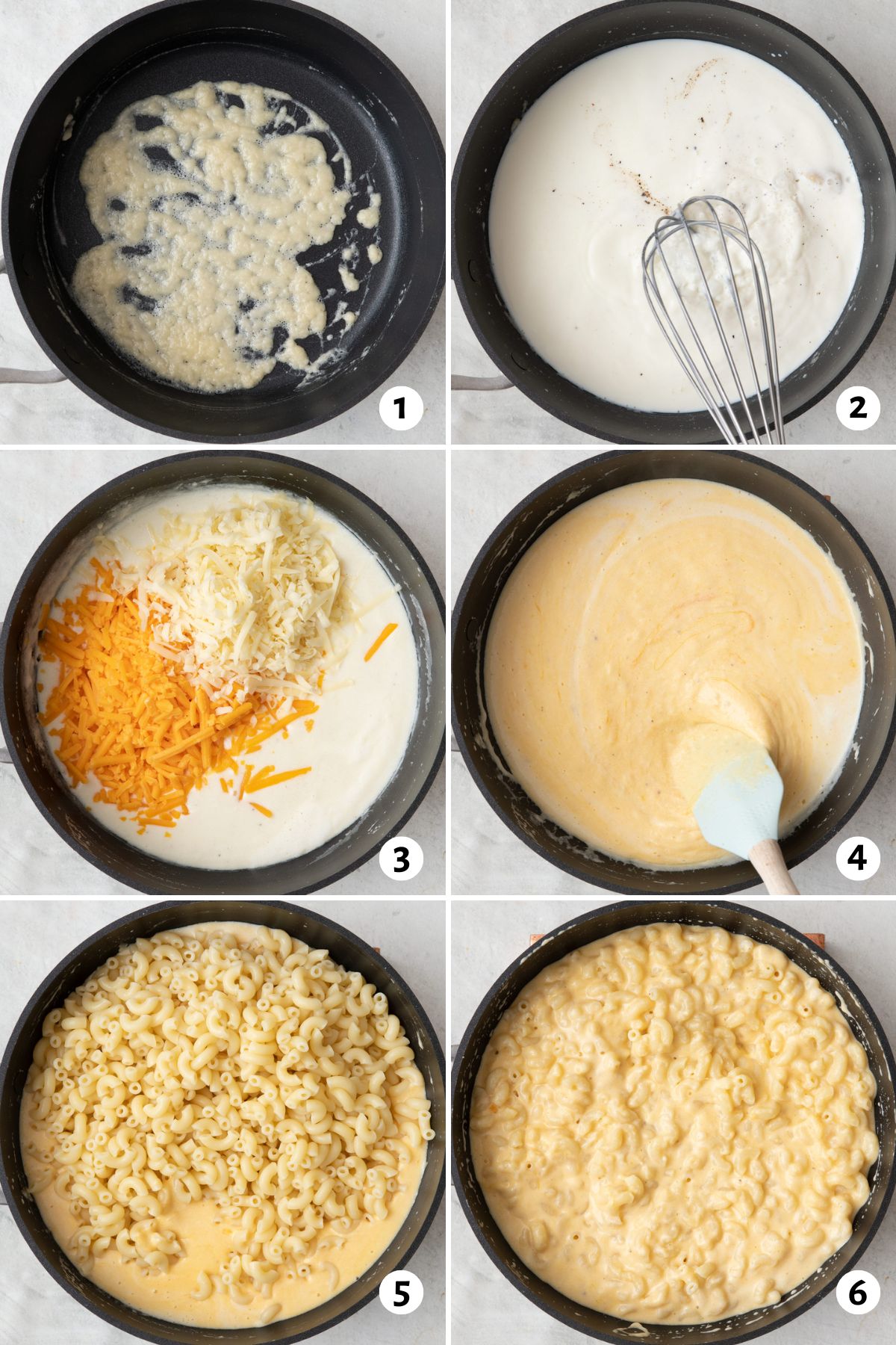 6 image collage making cheese sauce in a skillet and adding in cooked macaroni.