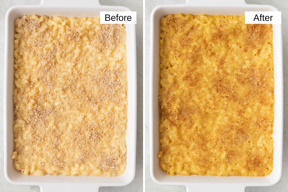 2 image collage of recipe in a rectangle baking dish before and after baking.