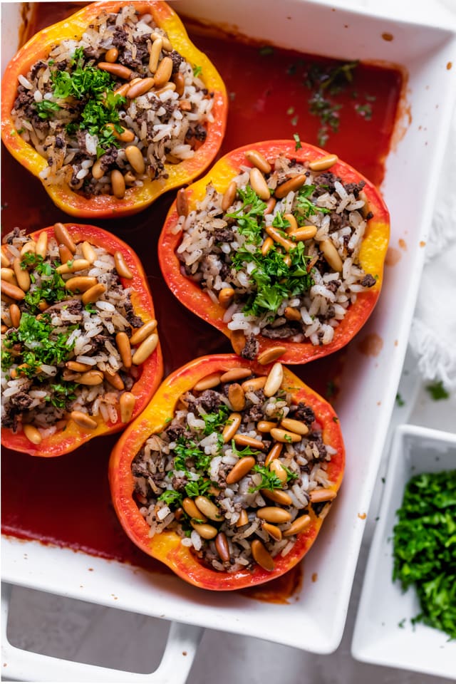 Final close up shot of stuffed peppers with rice and beef