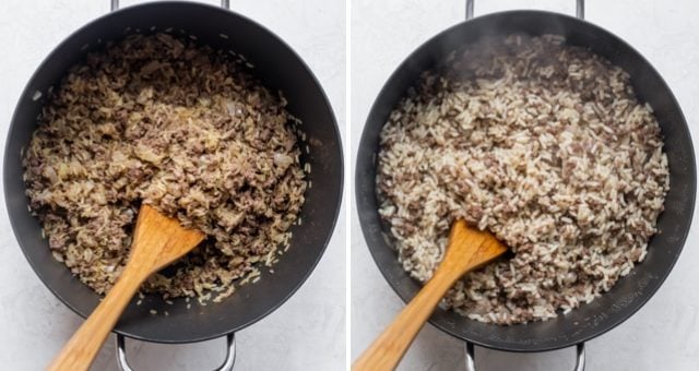 Collage or the rice and beef mixture before and after cooking