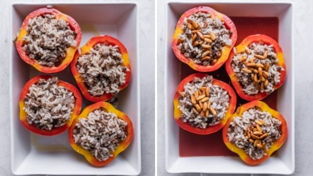 Collage of stuffed peppers before and after the sauce is added