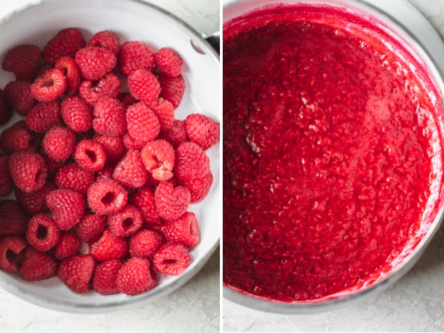 Collage showing how to make chia seed jam with raspberries
