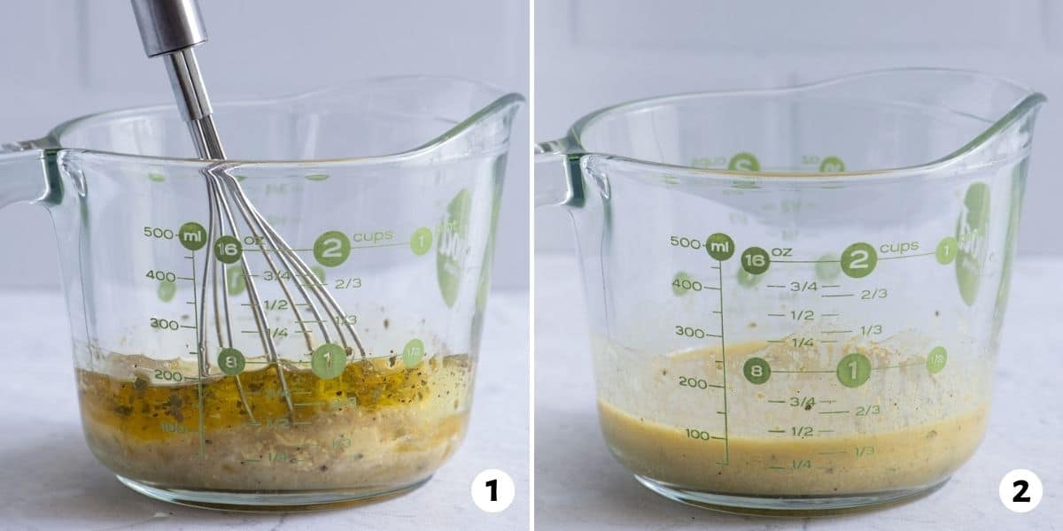 2 image collage whisking together dressing ingredients in small glass measuring cup.