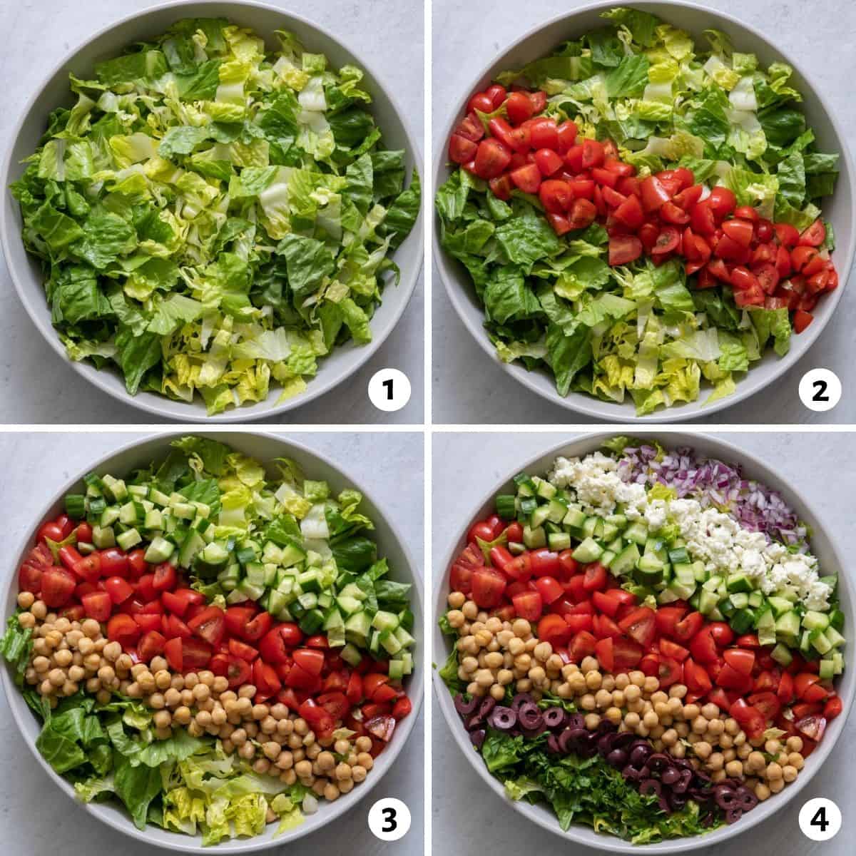 4 image collage of lettuce in a large serving bowl and adding each topping to the salad in individual lines with tomatoes, chickpeas and cucumbers, olives and feta, then red onions.