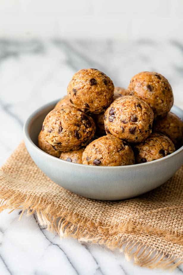 Small bowl of no bake energy bites