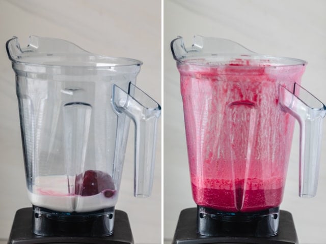 Collage showing blender with milk getting blended with beets before and after