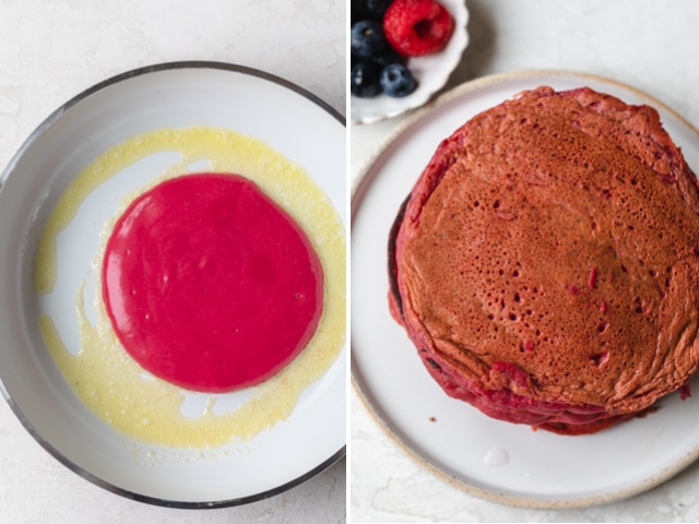 Collage showing pink pancakes before and after cooking
