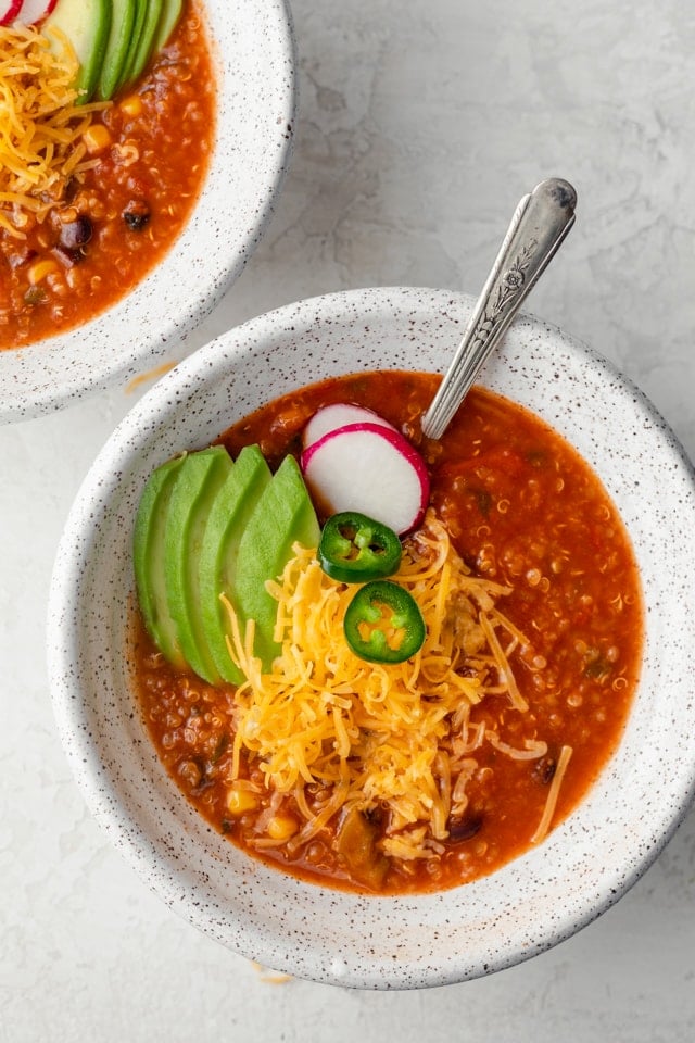 Vegetarian tortilla soup made with quinoa, corn and black beans