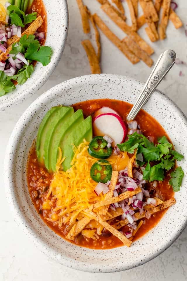 Close up shot of vegetarian tortilla soup with all the toppings