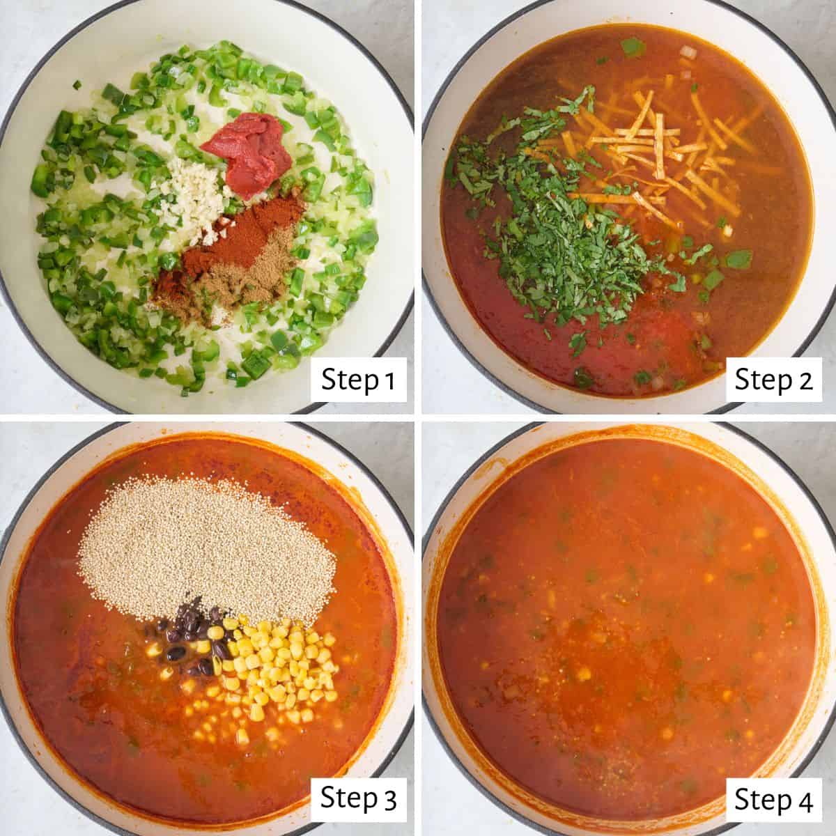 4 image collage making recipe in a pot: 1- green peppers and onions after cooking with tomato paste and spices added, 2- after liquids and tortilla strips added, 3- after quinoa, black beans, and corn are added, 4- soup after all combined.