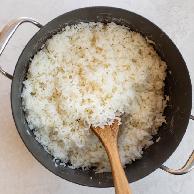 Large pot of white jasmine rice for serving