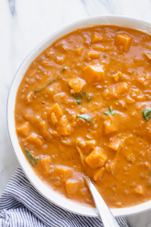 Final peanut soup in a large bowl