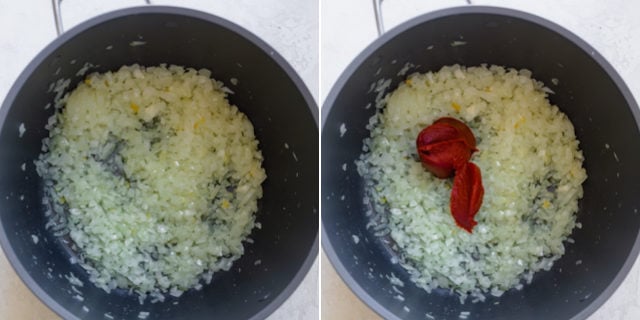 Collage showing recipe in progress - frying onions, then adding tomato paste