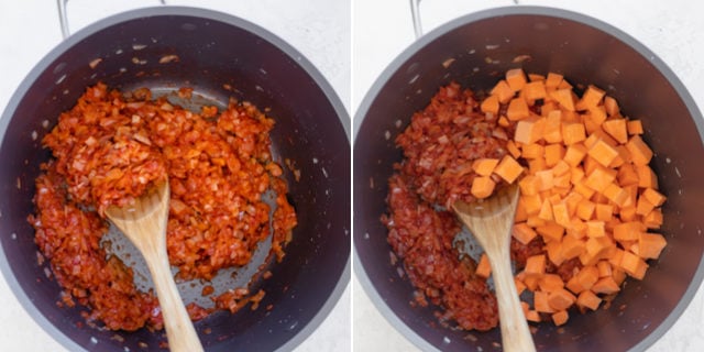 Collage showing recipe in progress - mixing onions with tomato paste, then adding sweet potatoes