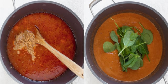 Collage showing recipe in progress - adding vegetable broth, then spinach