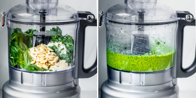 Collage of the pesto sauce before and after blended