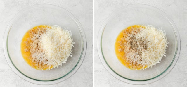 How to make pizza quinoa bites: Collage of eggs, then quinoa, then cheese, then spices
