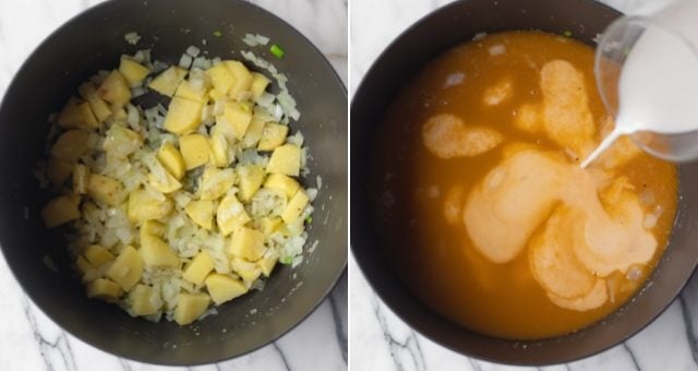 Collage of the process of making the soup - potatoes and onions, then broth and vegan milk