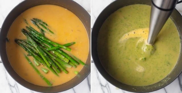 Collage of process of making soup before and after blending in the roasted asparagus