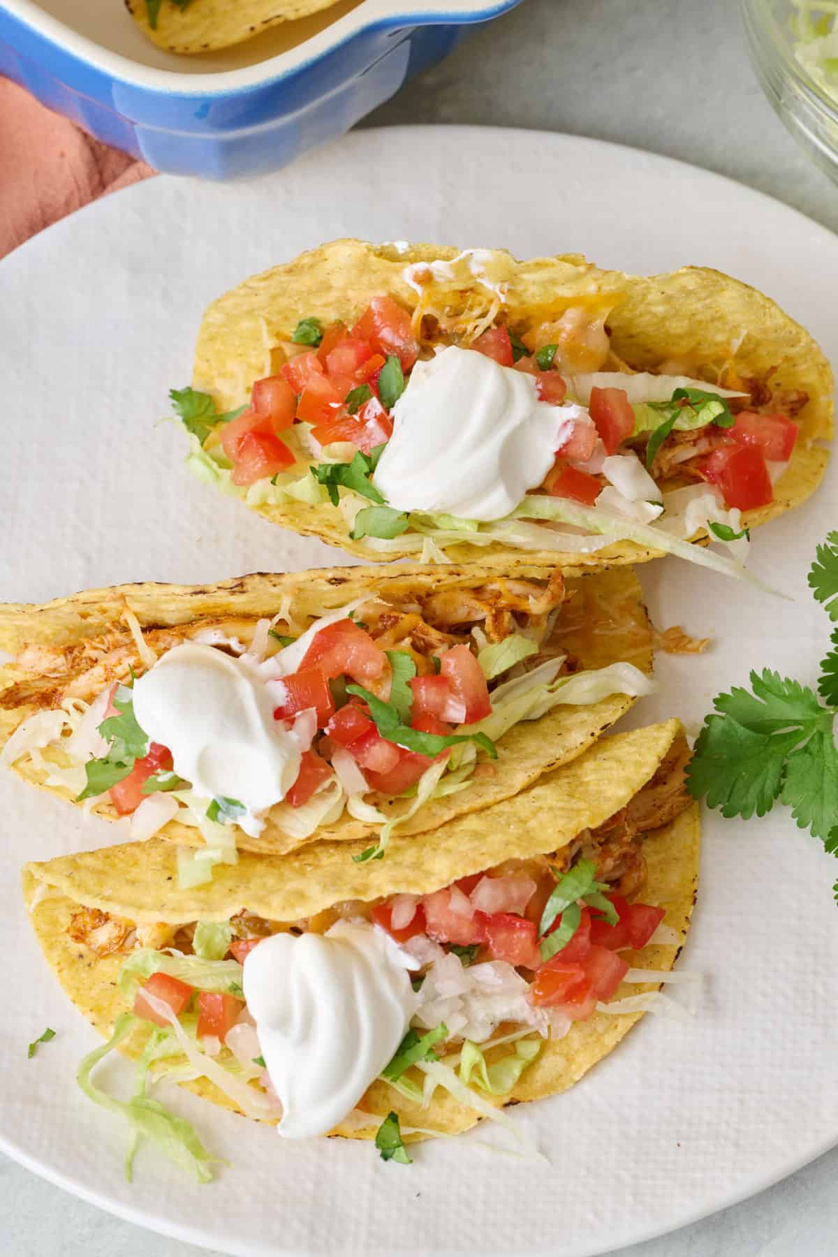 3 prepared baked chicken tacos on a small plate garnished with sour cream, tomatoes, and fresh cilantro.