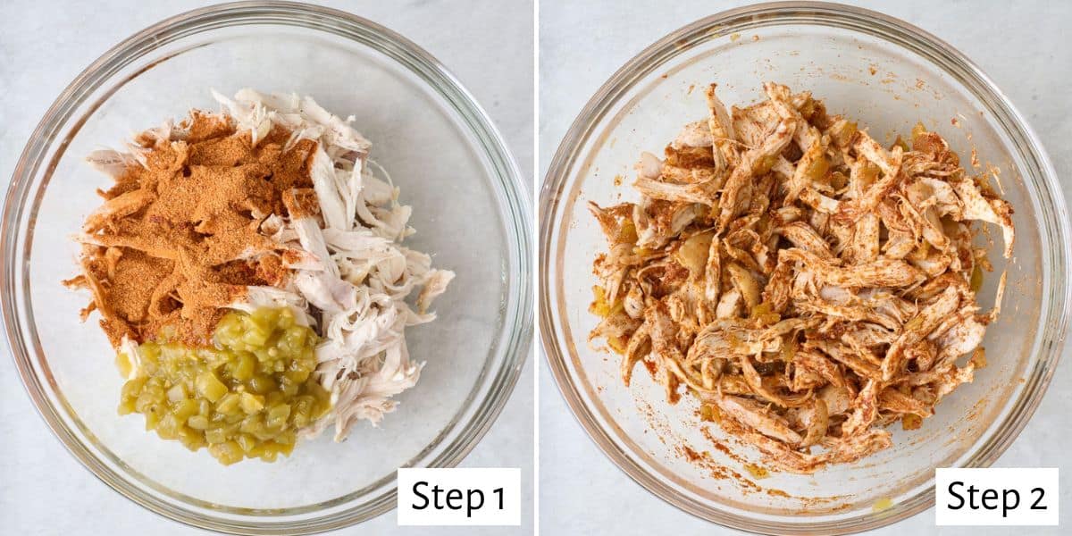 2 image collage of chicken and seasonings in a bowl before and after tossing together.