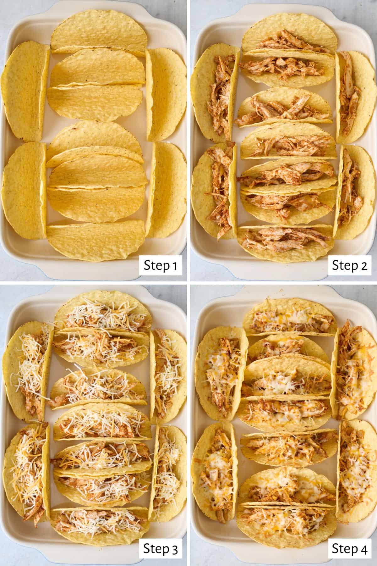 4 image collage baking recipe in a rectangular baking pan: 1- hard taco shells arranged in pan, 2- chicken filling added, 3- shredded cheese added to each toco, 4- after baking.