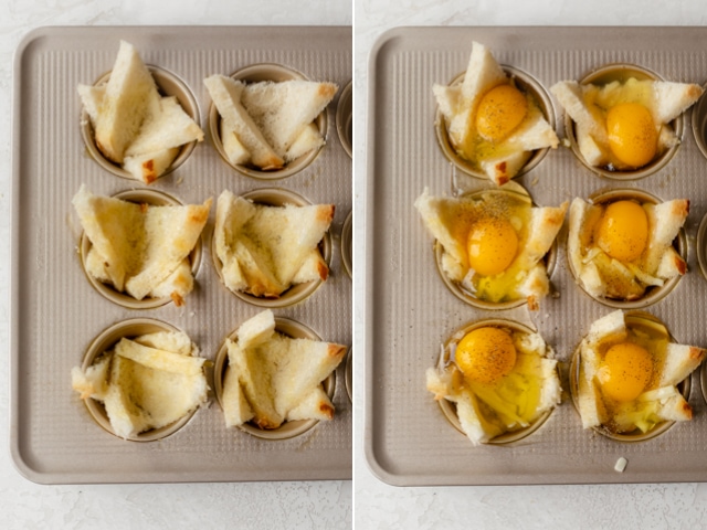 Collage showing the bread baskets before and after the eggs are inside