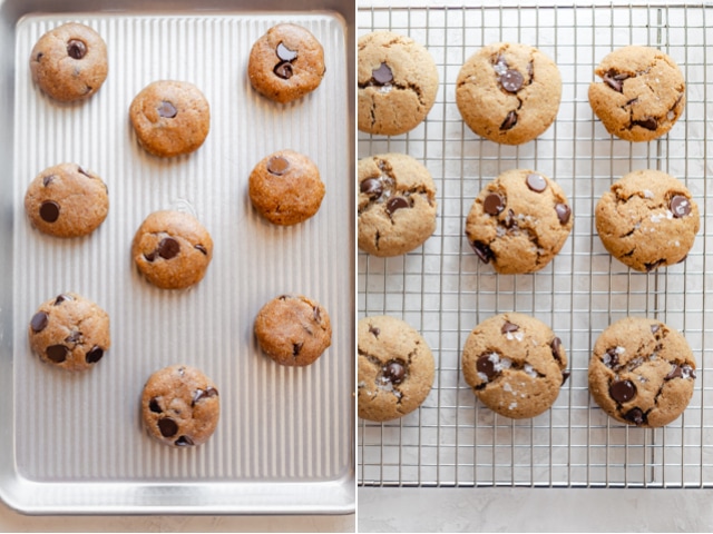 Collage showing the cookies before and after baking