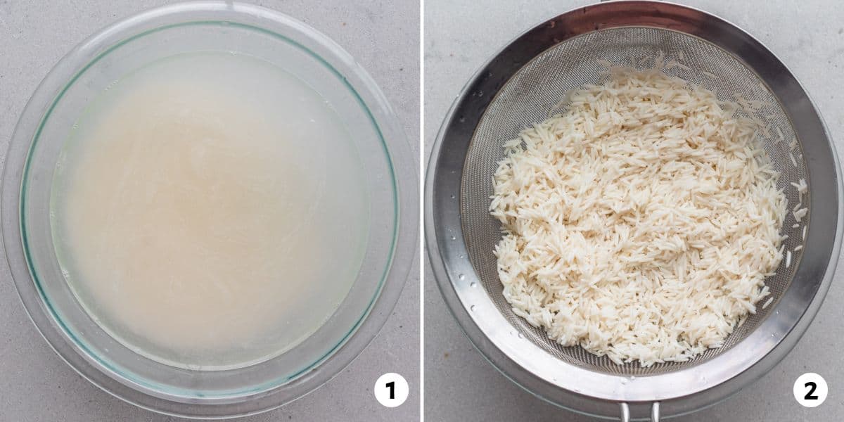 2 image collage show rice soaking in starchy water and rice in a strainer after water removed.