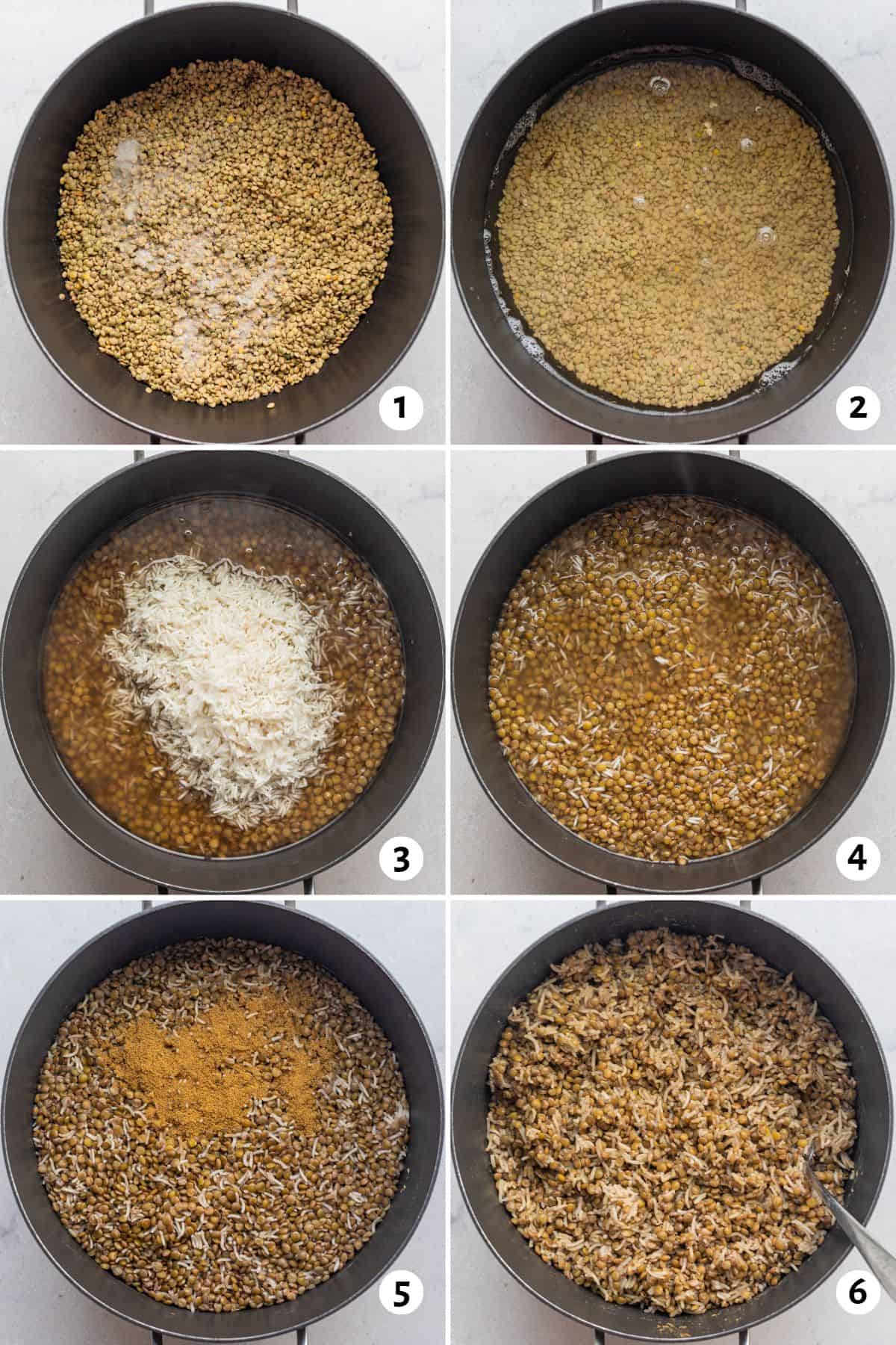 6 image collage cooking recipe in one pan: 1- lentils and salt added to pot, 2- water added, 3- soaked rice added, 4- everything combined, 5- after cooked with seasoning added, 6- mujadara after cooked.
