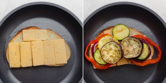 Collage showing the grilled cheese sandwich in the making with cheese and the vegetables