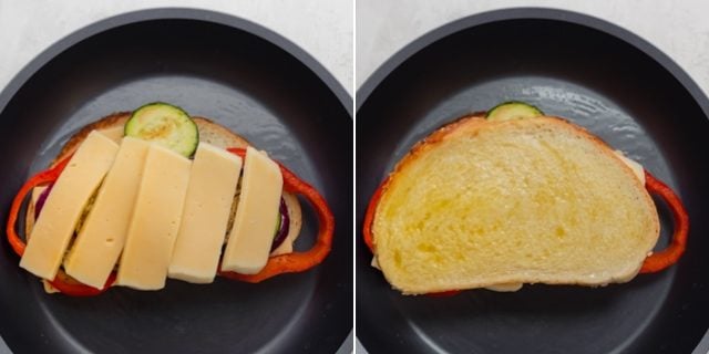 Collage showing the grilled cheese sandwich in the making with another layer of cheese and then the buttered bread on top