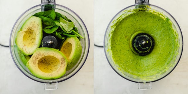 Collage of two images showing the avocado dressing in the food processor before and after blending