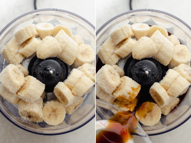 Collage showing two process shots of the frozen bananas, then the cold brew getting added