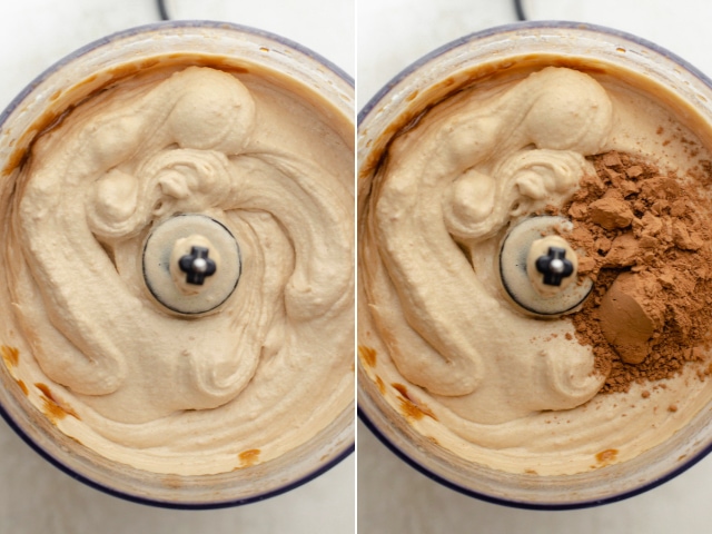 Collage showing process shots of the blended bananas with cold brew and vanilla extract, and then the cocoa powder getting added