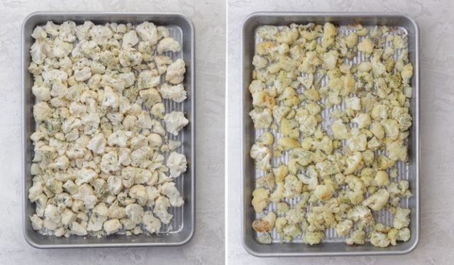 Process shots collage showing the cauliflower florets before and after roasting