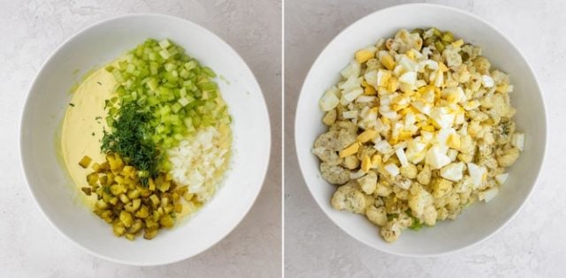 Process shots collage showing the dressing and vegetables and then the cauliflower and eggs added on top