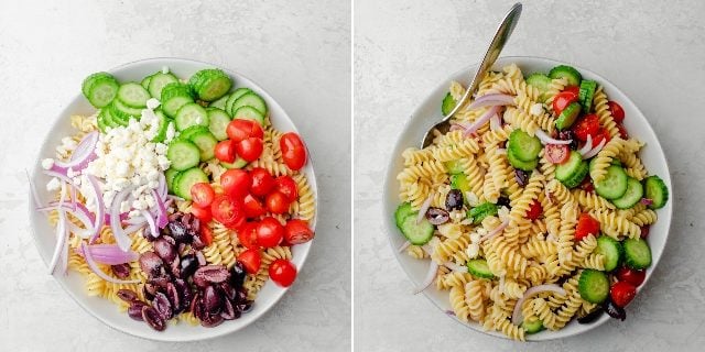 Before and after mixing the pasta with the vegetables and dressing