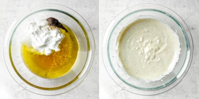 Collage showing the homemade dressing before and after mixing