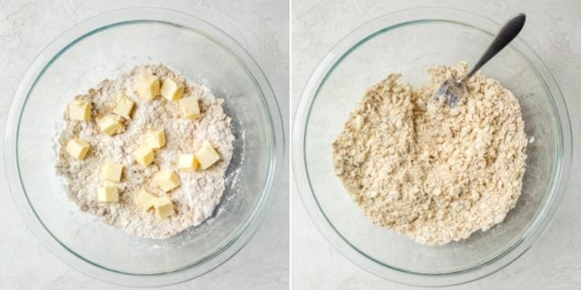 Collage of process shots showing the crumble before and after cutting the butter