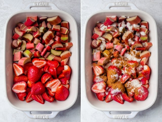 Collage of two images showing the strawberries and rhubarb alone and then with sugar and cinnamon on top