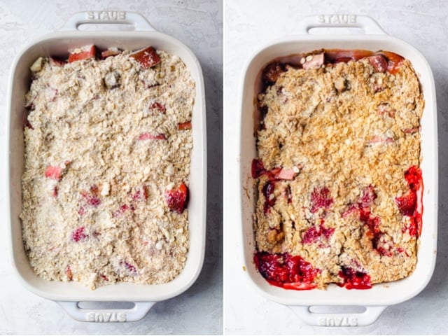 Collage of two images showing the recipe before and after baking