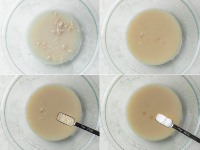 Process shots of adding olive oil, flour and then kneading into a ball